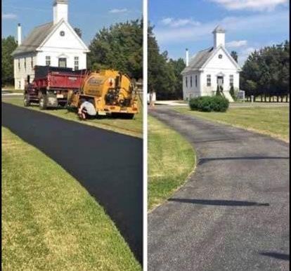 Split view of a church driveway: freshly paved black asphalt beside an older gray driveway with equipment nearby.