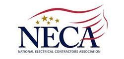 NECA logo: navy letters with a red and gold emblem,