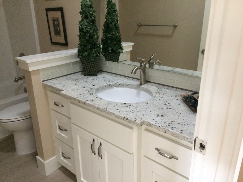 Bathroom vanity with a white sink, granite countertop, and cream cabinets. A tall green plant sits on the counter.