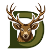 A stylized, brown deer head with antlers positioned in front of a dark green capital letter D.