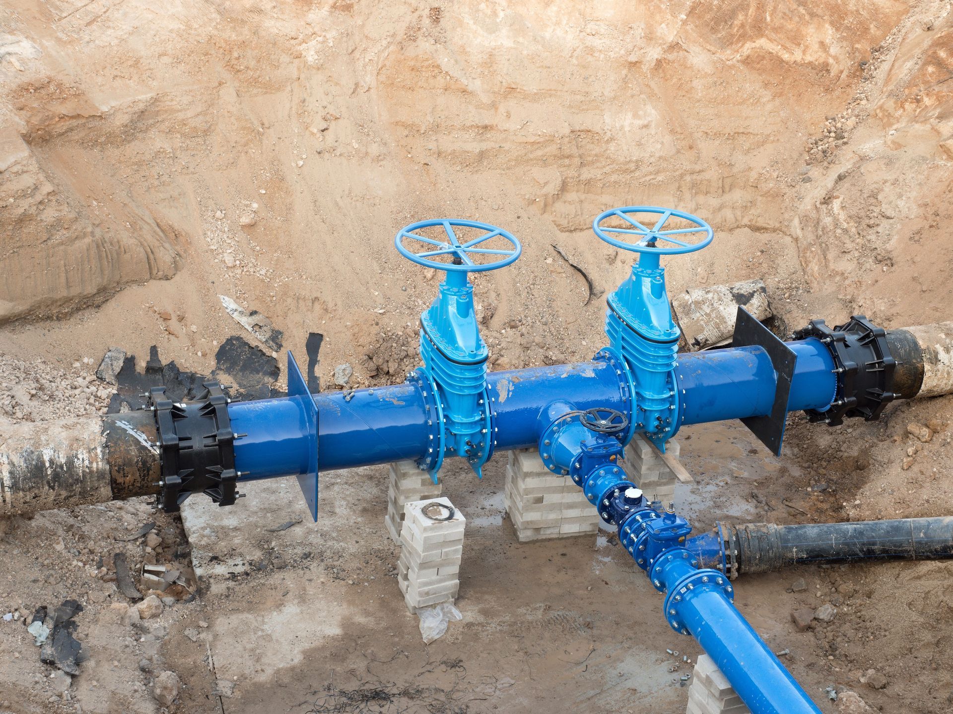 Blue water pipeline with two valve wheels and a side branch installed in a dirt trench