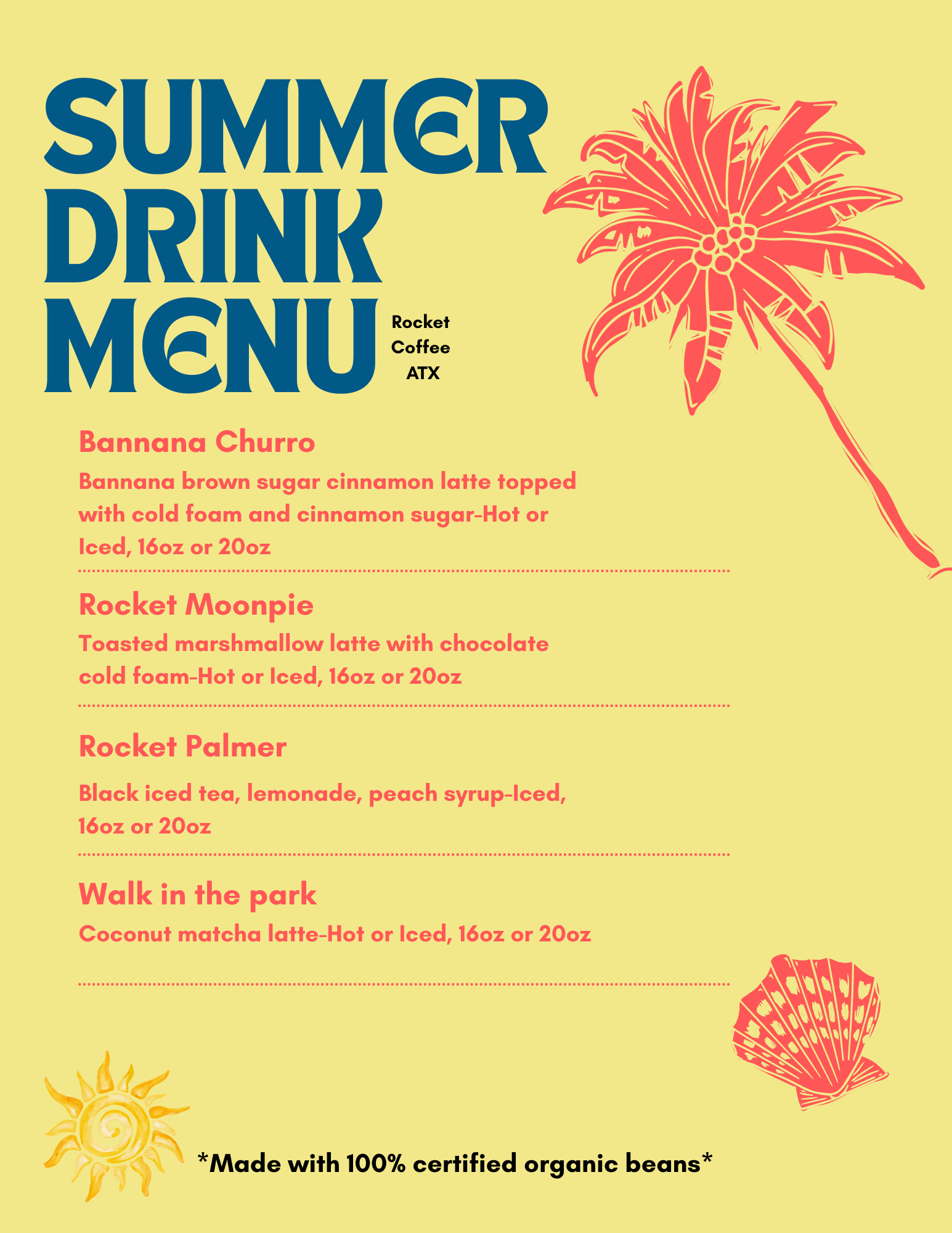 Summer drink menu poster with yellow background, coral palm tree, and red drink list.