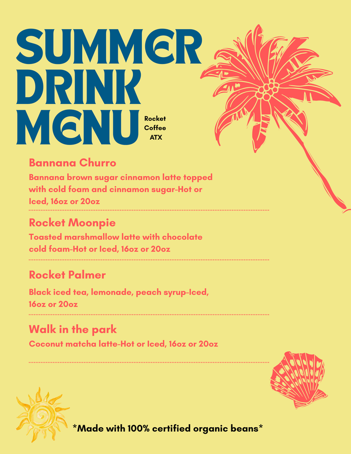 Summer drink menu poster in teal and coral with cocktail names and a palm graphic.