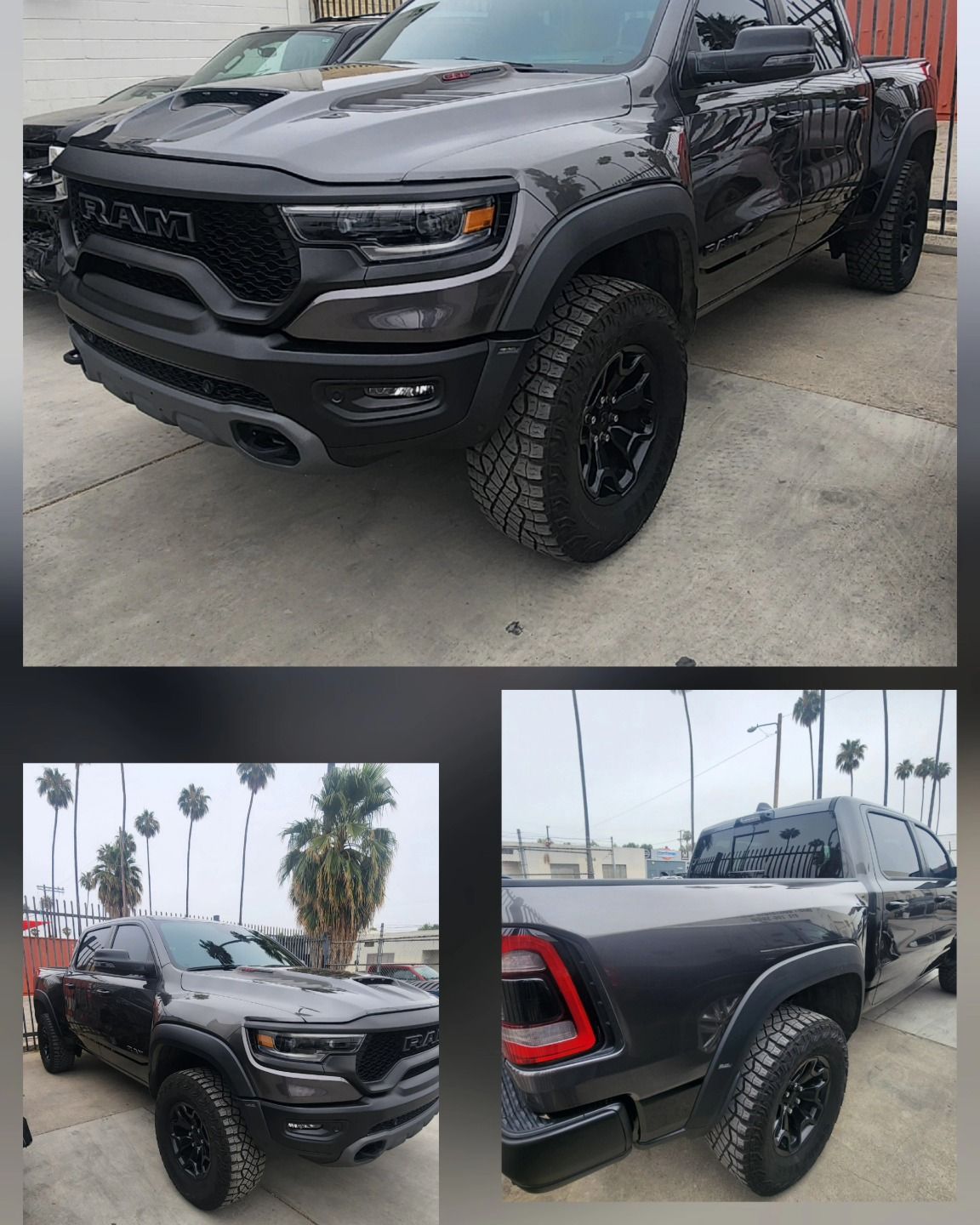 Gray Ram TRX truck, black wheels, off-road tires, parked outdoors.