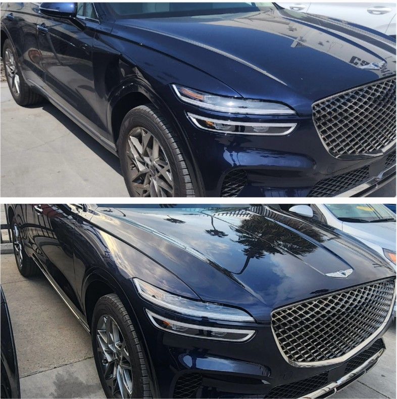 Two images of a dark blue Genesis GV70 SUV's front. The car is parked outside, reflecting sunlight.