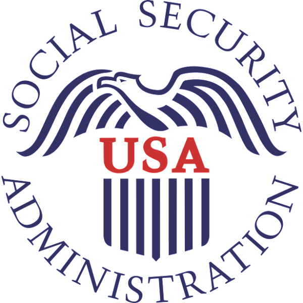 Social Security Administration seal with blue eagle, red USA letters, and circular text