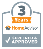 HomeAdvisor Screened & Approved badge. Orange and blue design with 