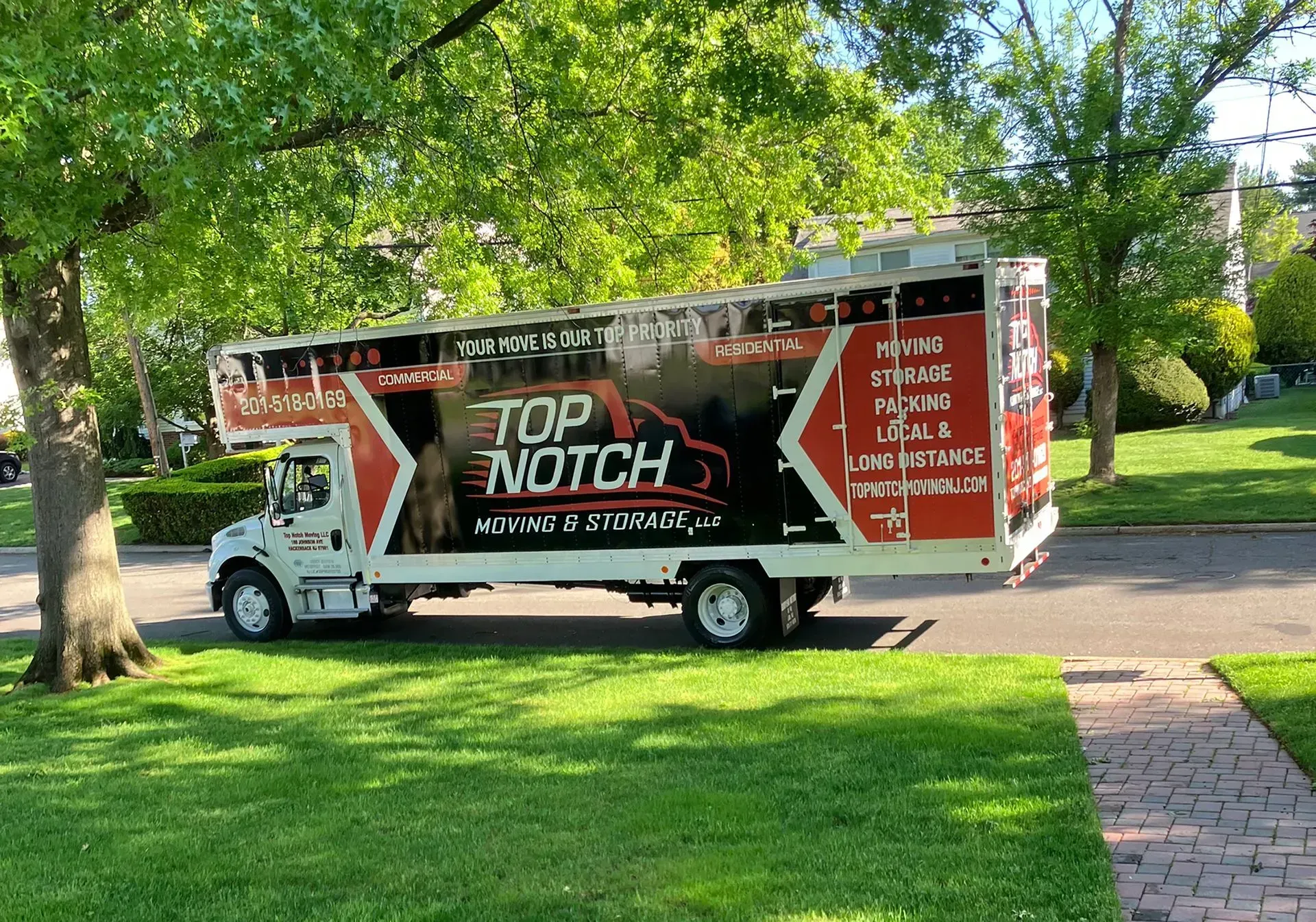 A moving truck with the words 