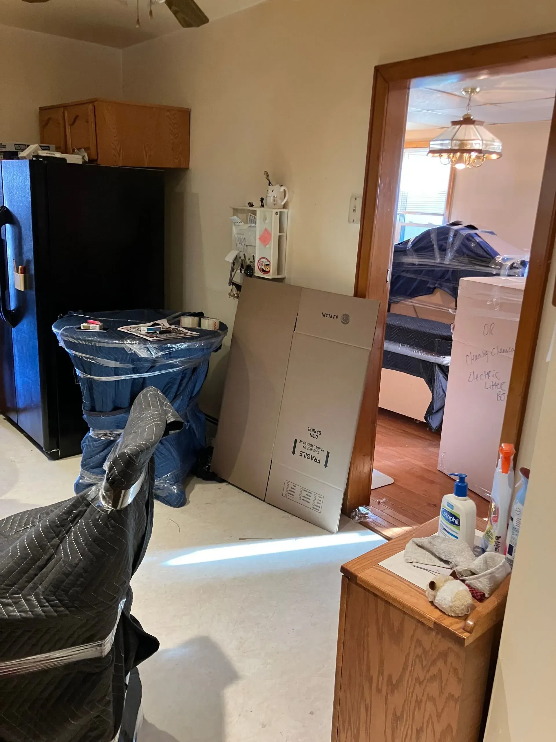 Cluttered room with fridge, furniture, and open doorway to another room with a bed.