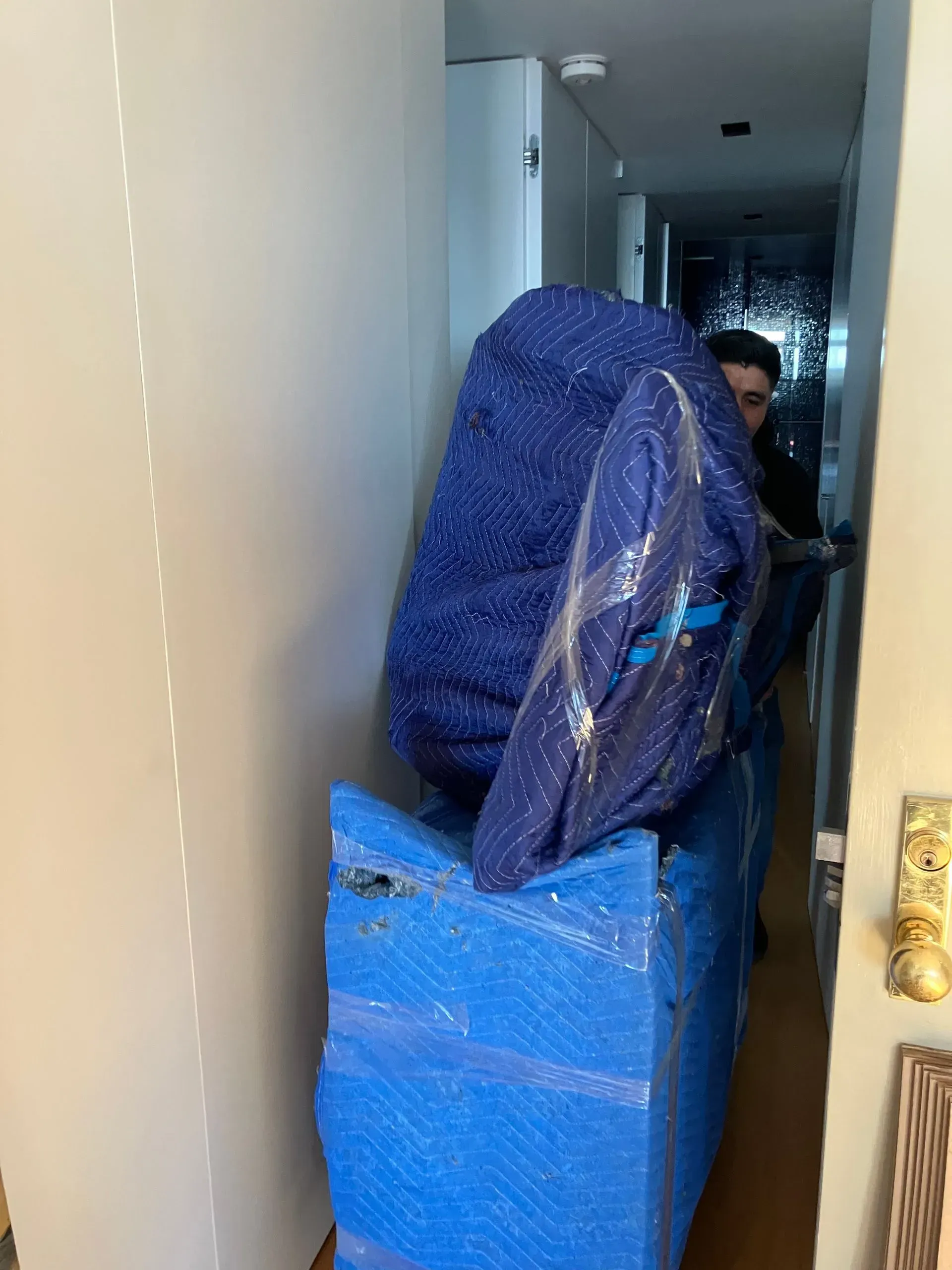 Person carrying furniture wrapped in blue padding through a narrow hallway.
