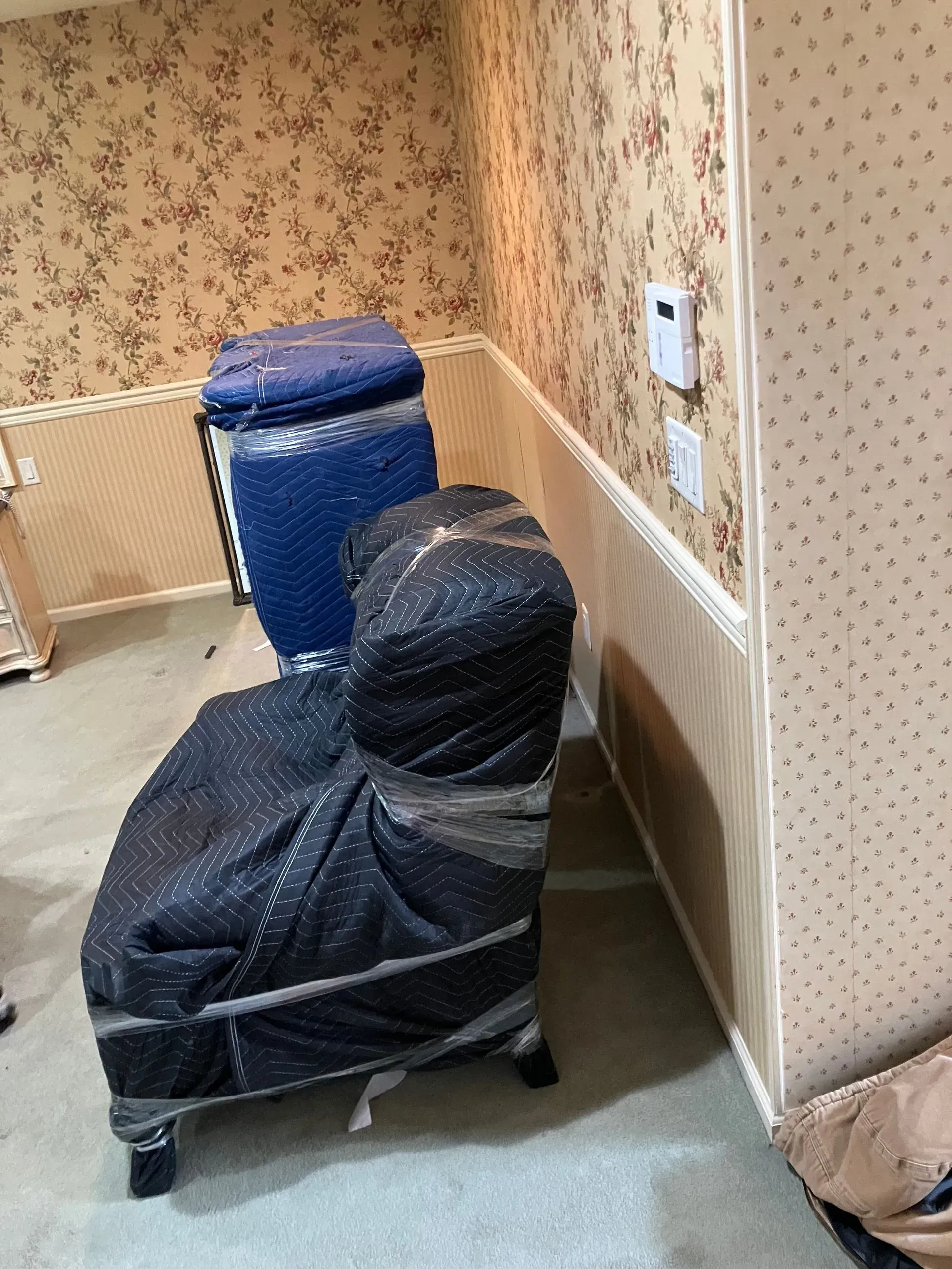Chairs wrapped in blue and black plastic, in a room with floral wallpaper and white trim.