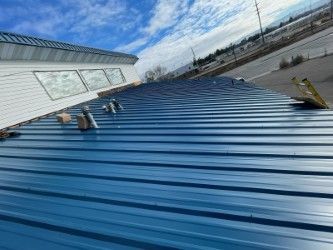 A blue metal roof with a ladder on top of it.