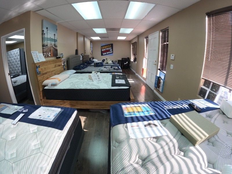 A room with a lot of beds and mattresses in it