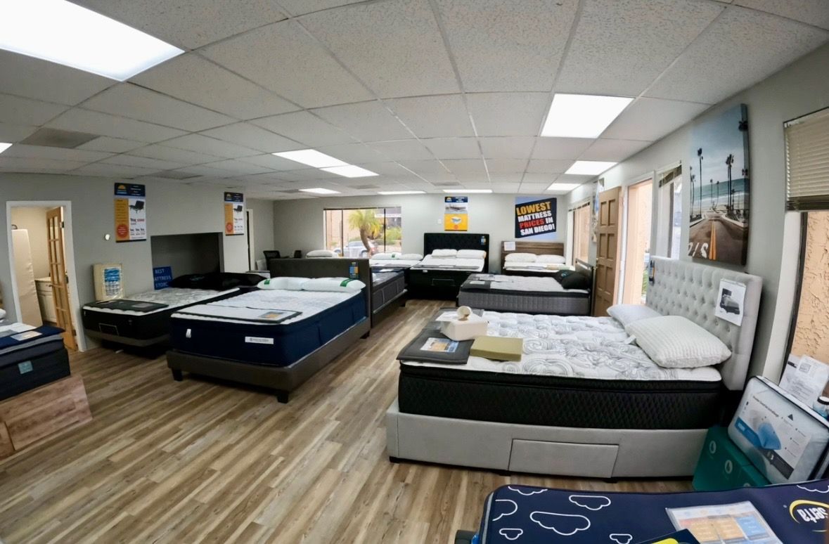 A white and blue mattress is sitting on top of a white surface.