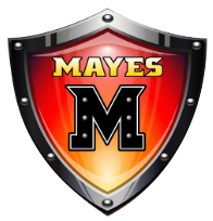 Shield with "MAYERS" on top and large "M" in center; red, orange, black, and silver color scheme.