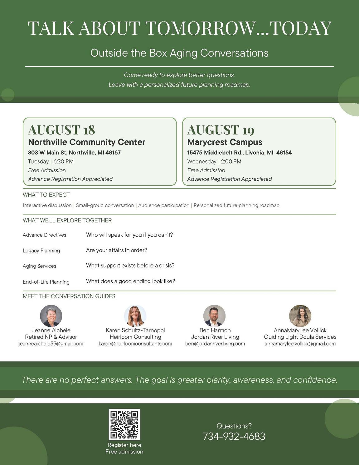 talk about tomorrow today workshop flyer, Outside the box aging conversations. August 18th Northville Community Center 6:30PM, August 19th Marycrest Campus 2:00PM