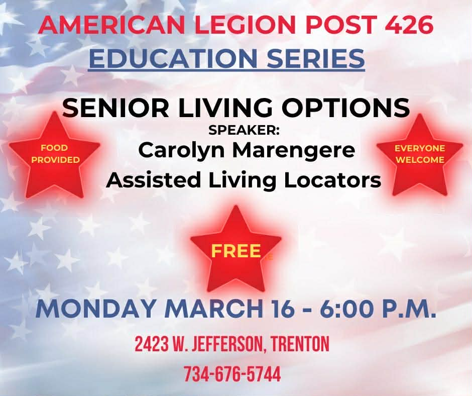 Flyer for a free Senior Living Options seminar at American Legion Post 426 in Trenton on March 16 at 6 p.m. Food provided.