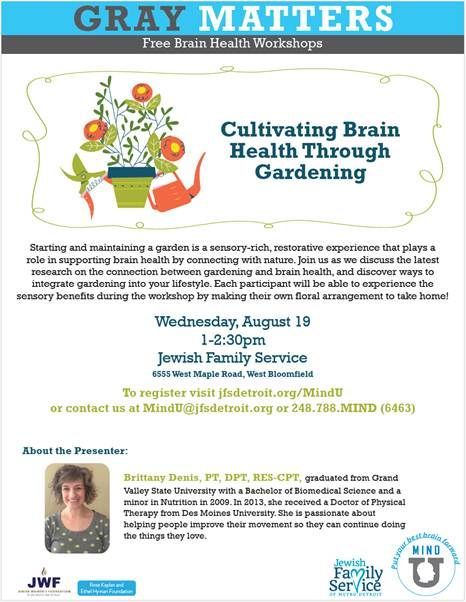 Gray Matters brain health workshop flyer with plants and “Cultivating Brain Health Through Gardening” title