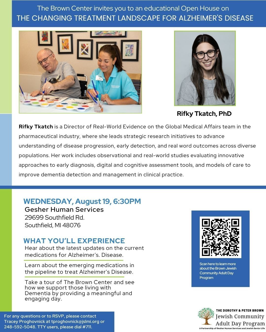 Event flyer for a talk on mental health, with speaker photos, date, location, and QR code.
