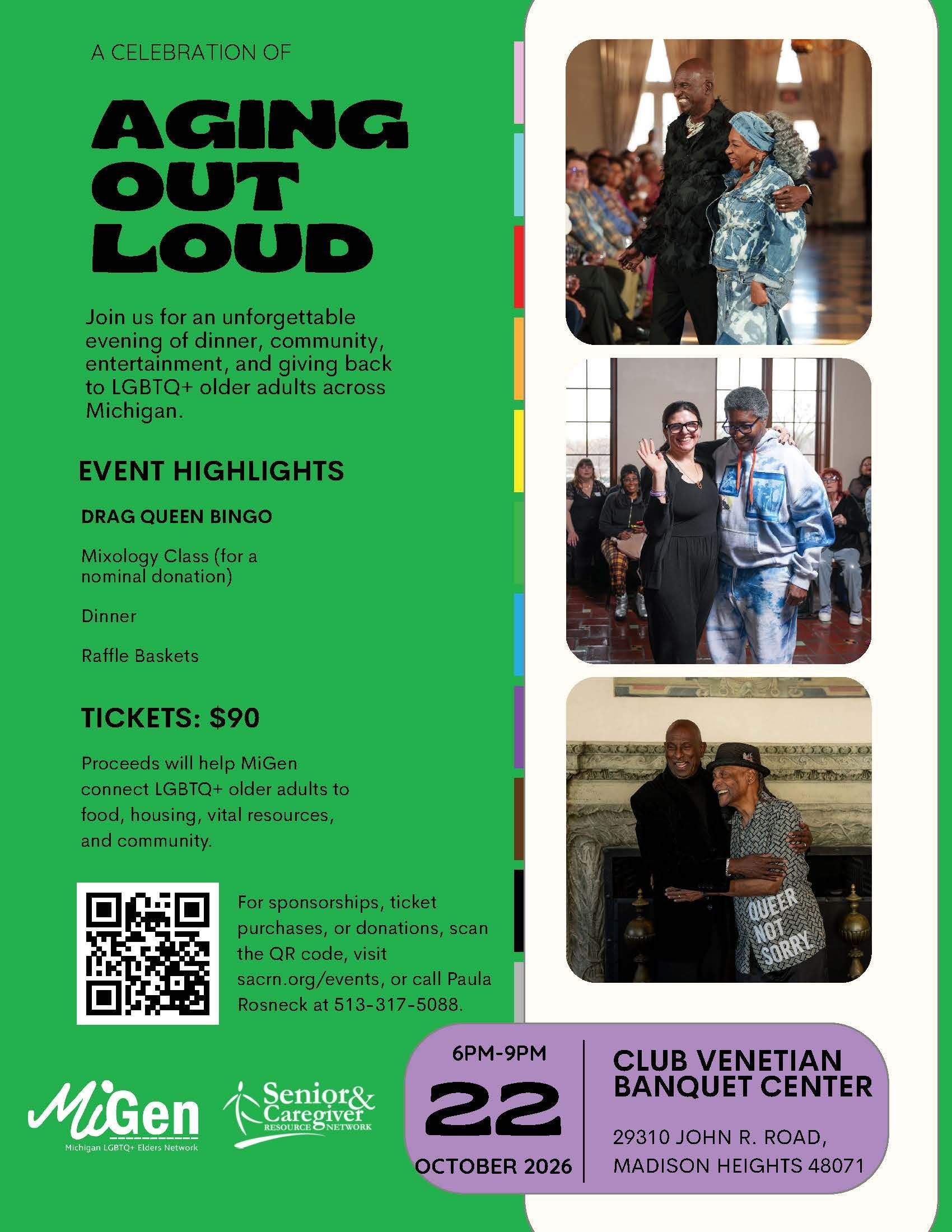 Flyer for “Aging Out Loud” event with green background, event details, QR code, and group photos