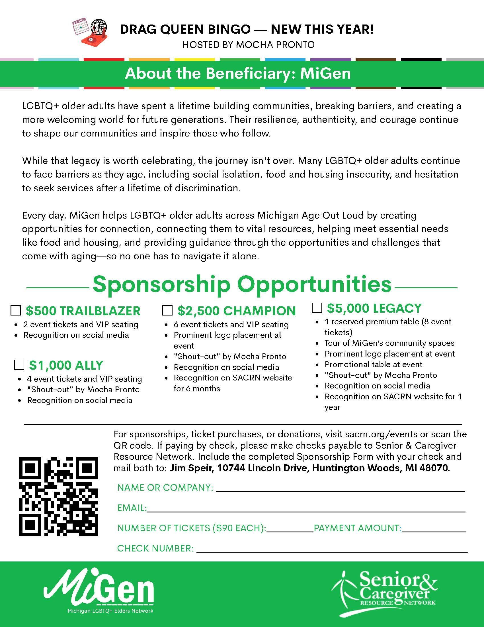 Flyer for a drag queen bingo with green banner and sponsorship opportunities