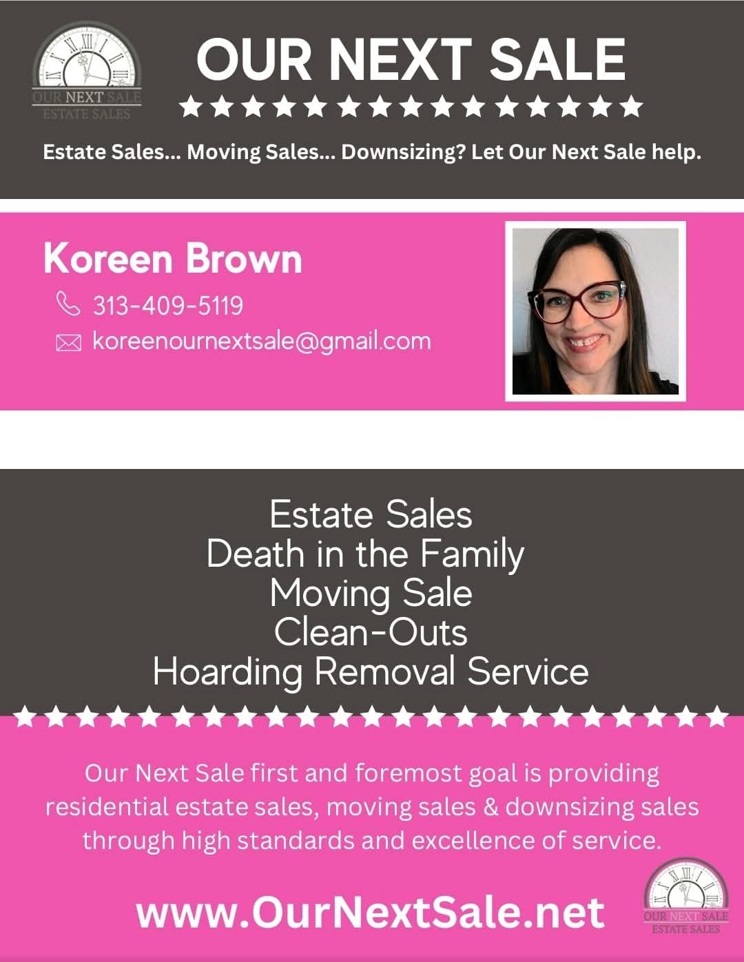 Advertisement for estate sales: Woman's photo, contact info, services offered, website.