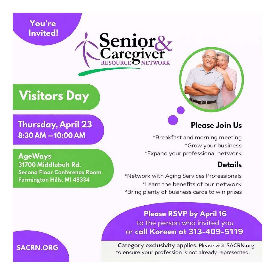 An invitation for the Senior & Caregiver Resource Network Visitors Day on April 23, 2024, at AgeWays in Farmington Hills, MI.