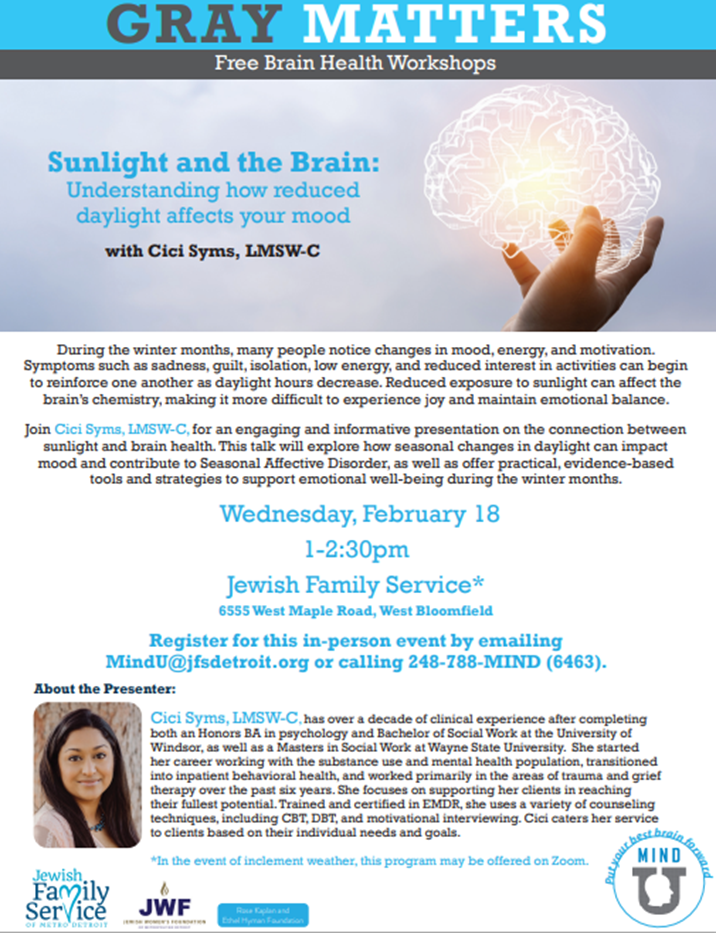 Poster: Gray Matters workshop on sunlight and the brain with speaker Ciel Syma at Jewish Family Service.