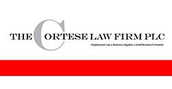Logo for The Cortese Law Firm PLC with black text and a red horizontal stripe on white background