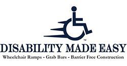 Logo for “Disability Made Easy” with wheelchair icon and tagline “Wheelchair Ramps - Grab Bars - Barrier Free Construction”