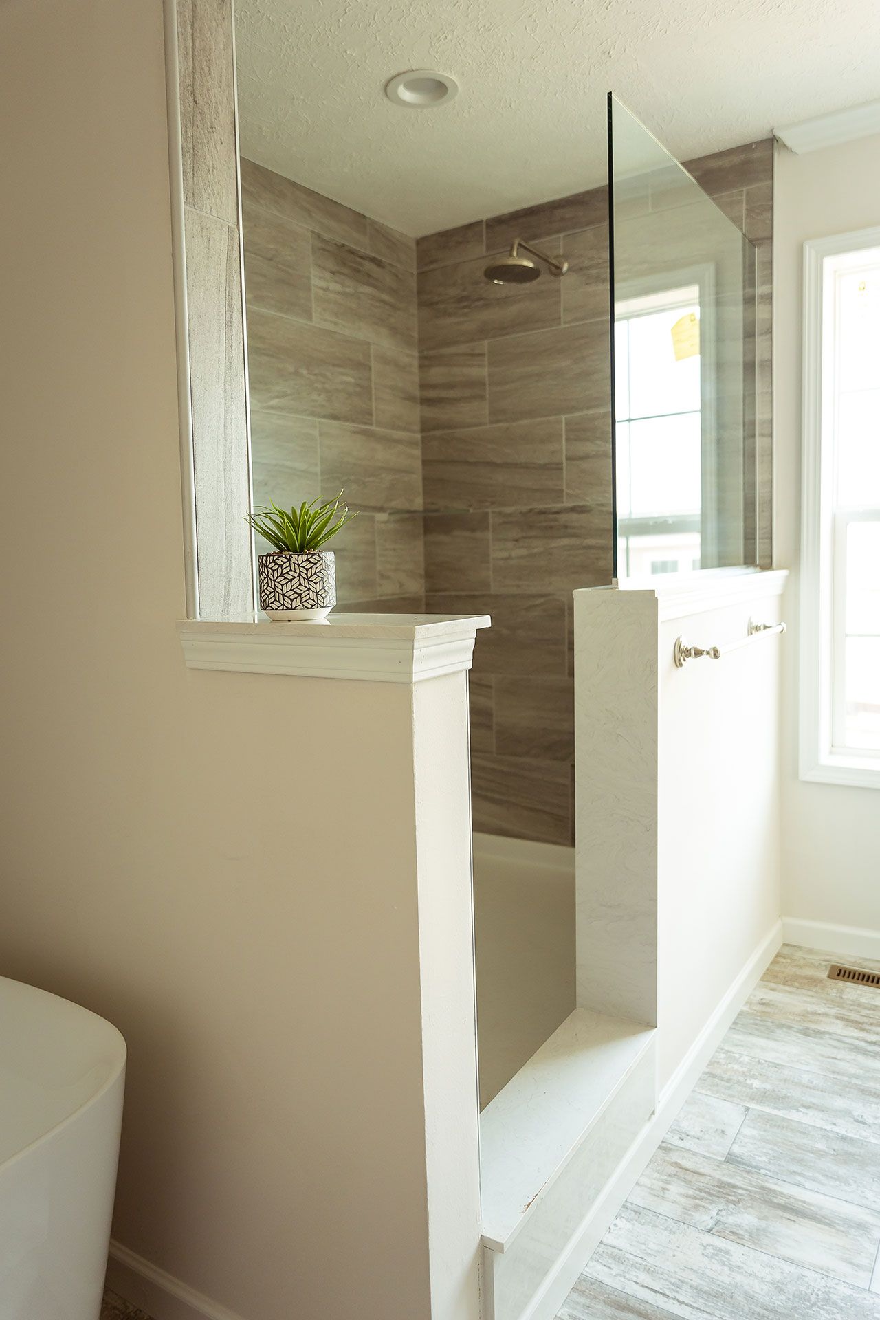 A bathroom with a walk in shower and a toilet