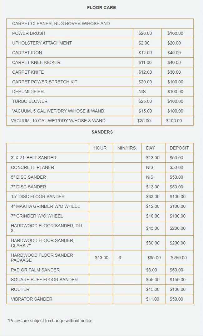 Floor Care pricing table