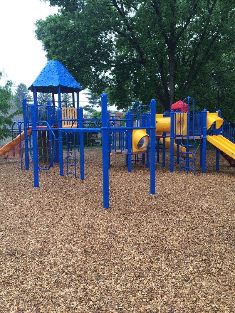 Playground with blue and yellow equipment on a wood chip surface, under a tree.