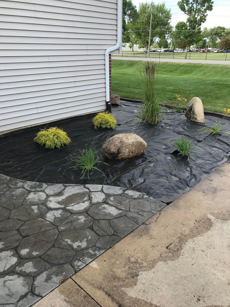 Landscape bed with rocks, mulch, and greenery next to a house with textured siding and a decorative concrete path.
