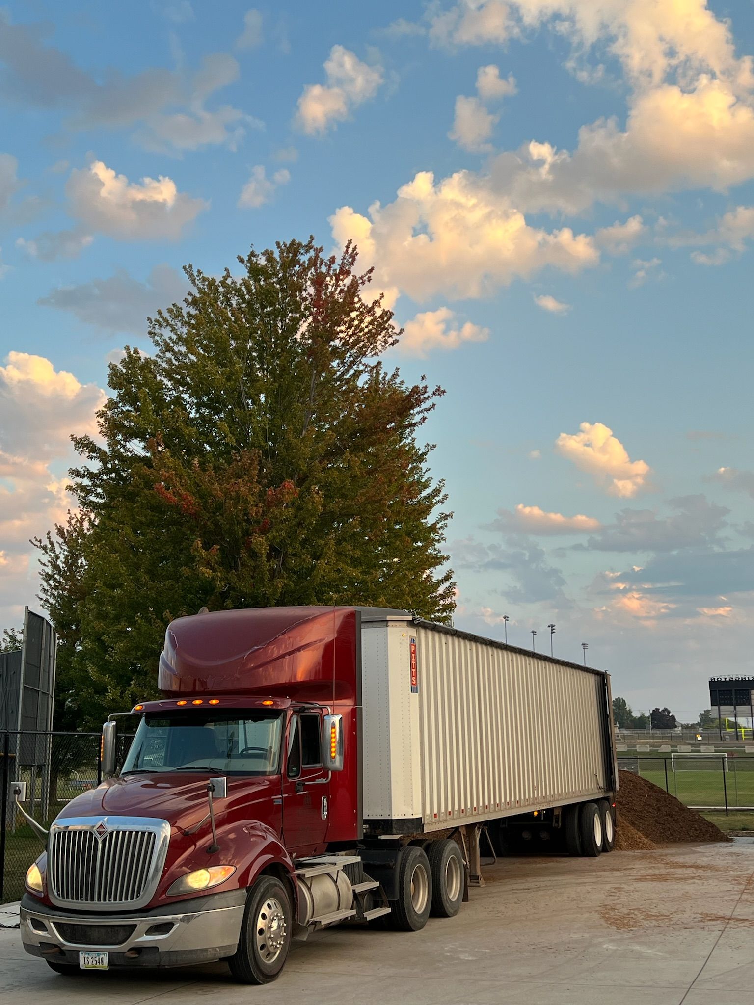 Red semi-truck and trailer next to a tree and pile, under a cloudy sky.