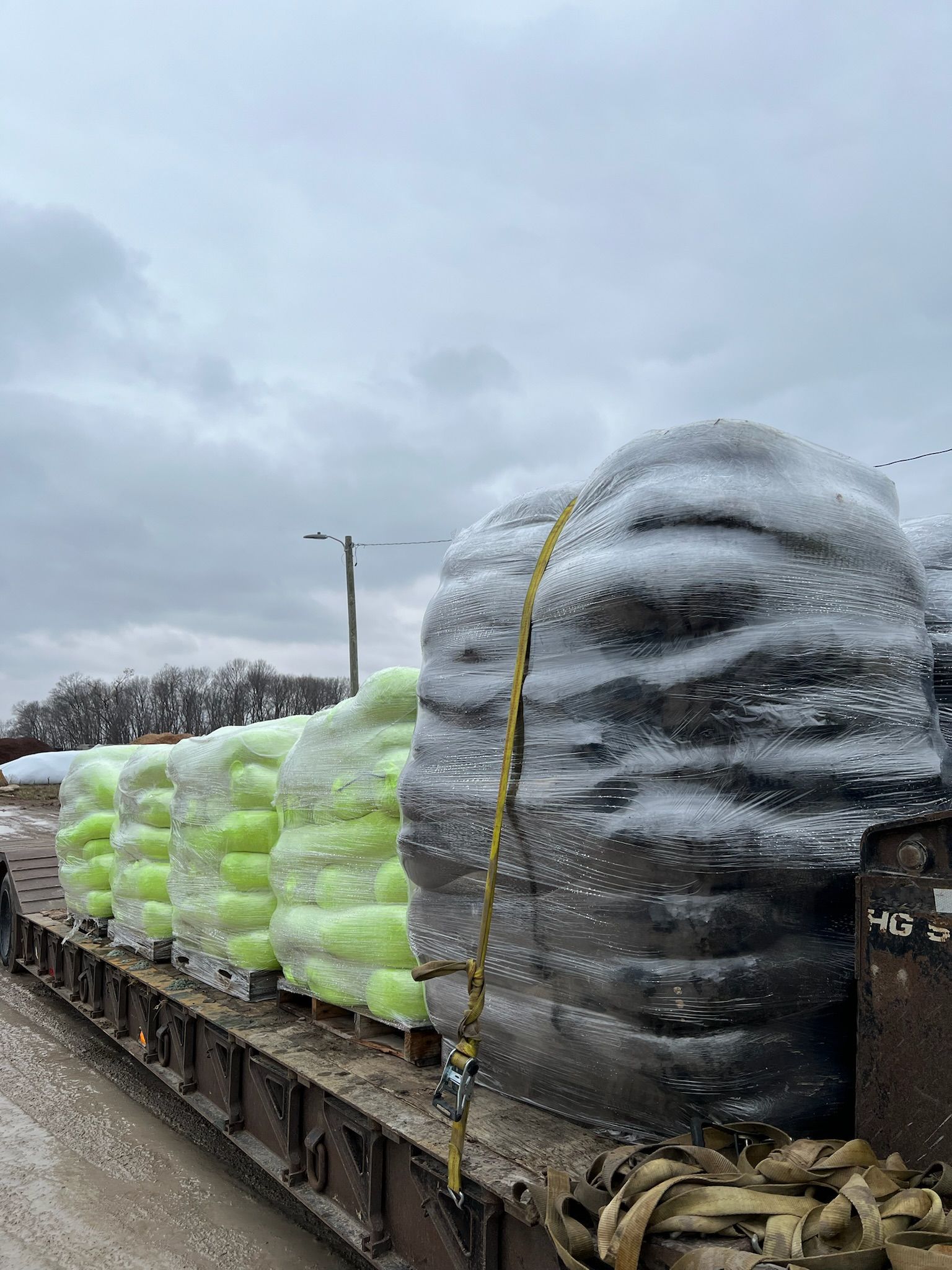 Flatbed truck carrying wrapped, frozen pallets. Green and black packages, overcast sky.