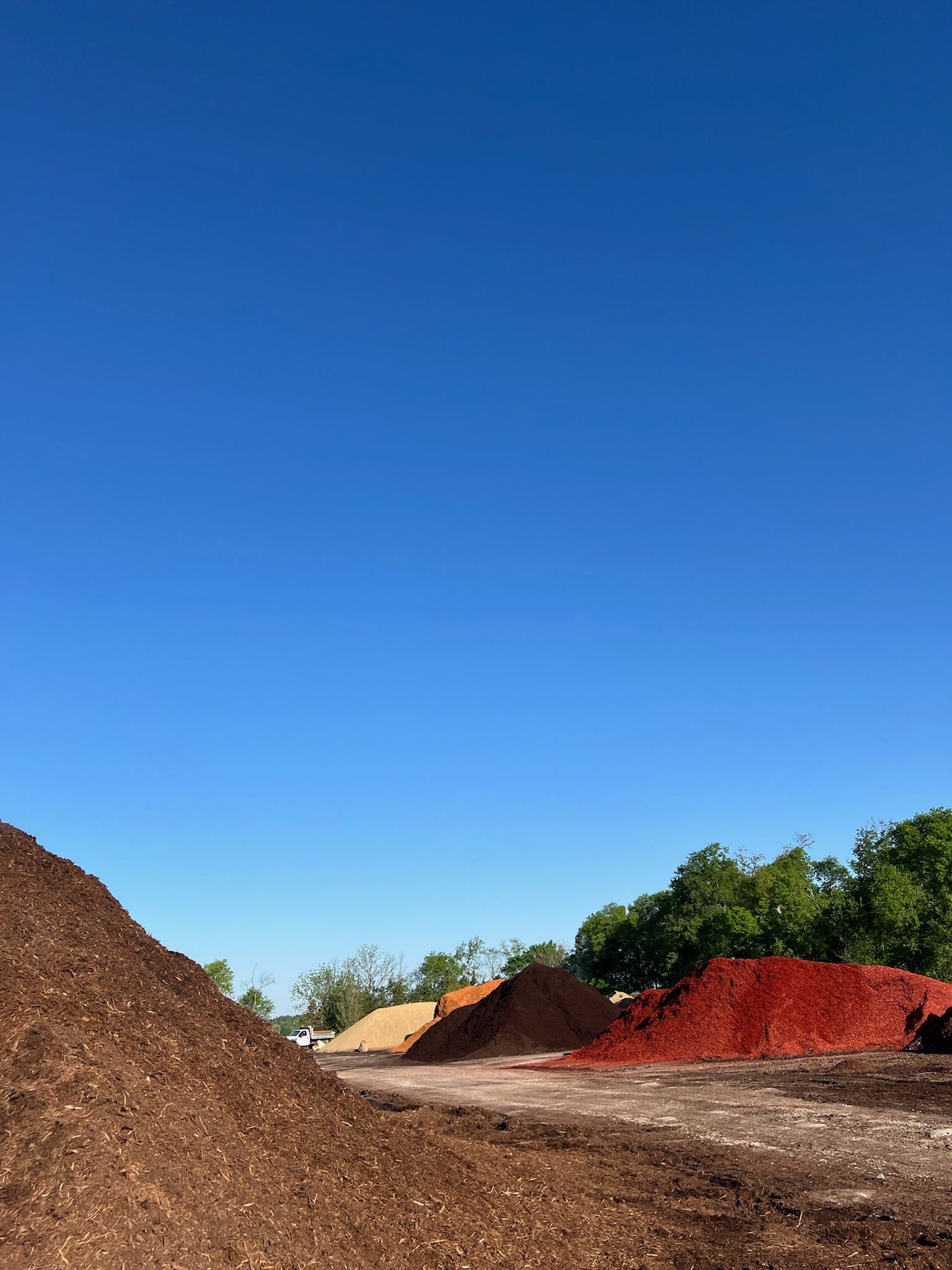 Piles of mulch in various colors against a bright blue sky. Green trees are in the background.