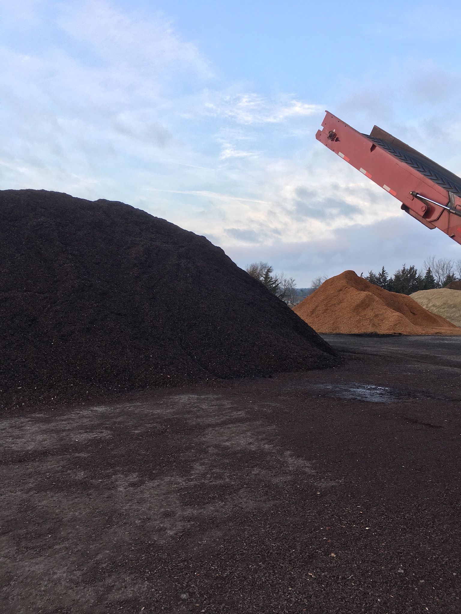 Pile of dark mulch with a conveyor belt and other piles of mulch against a cloudy sky.