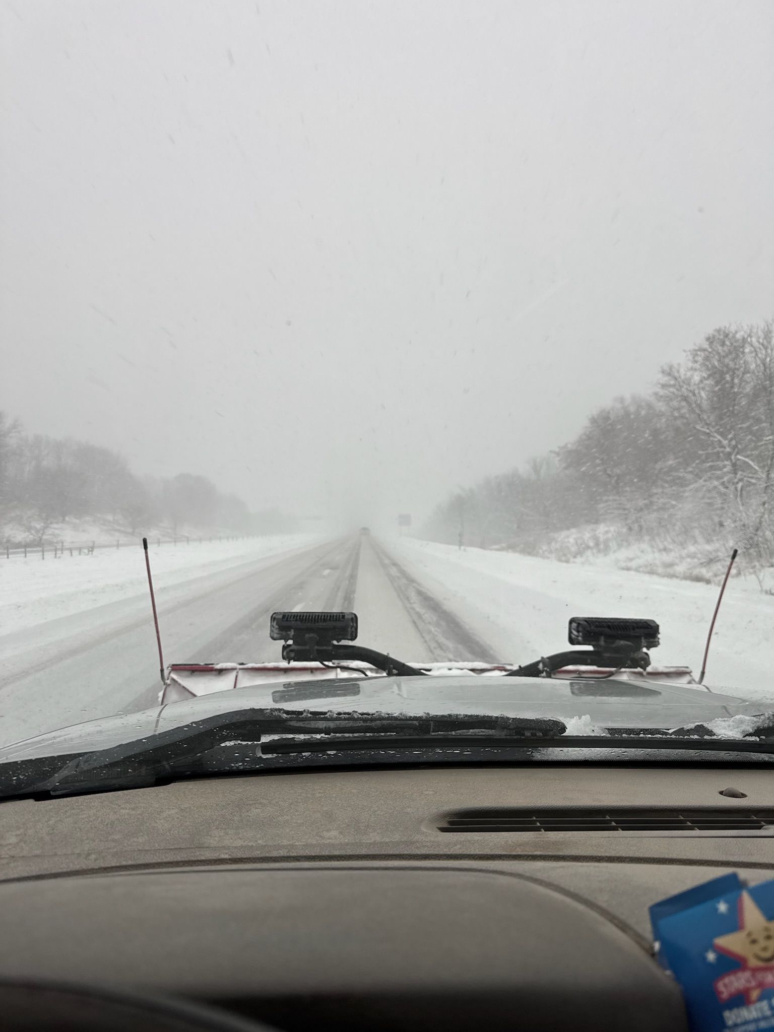 Snowy road view from inside a vehicle, windshield wipers active. Trees line the sides; overcast sky.