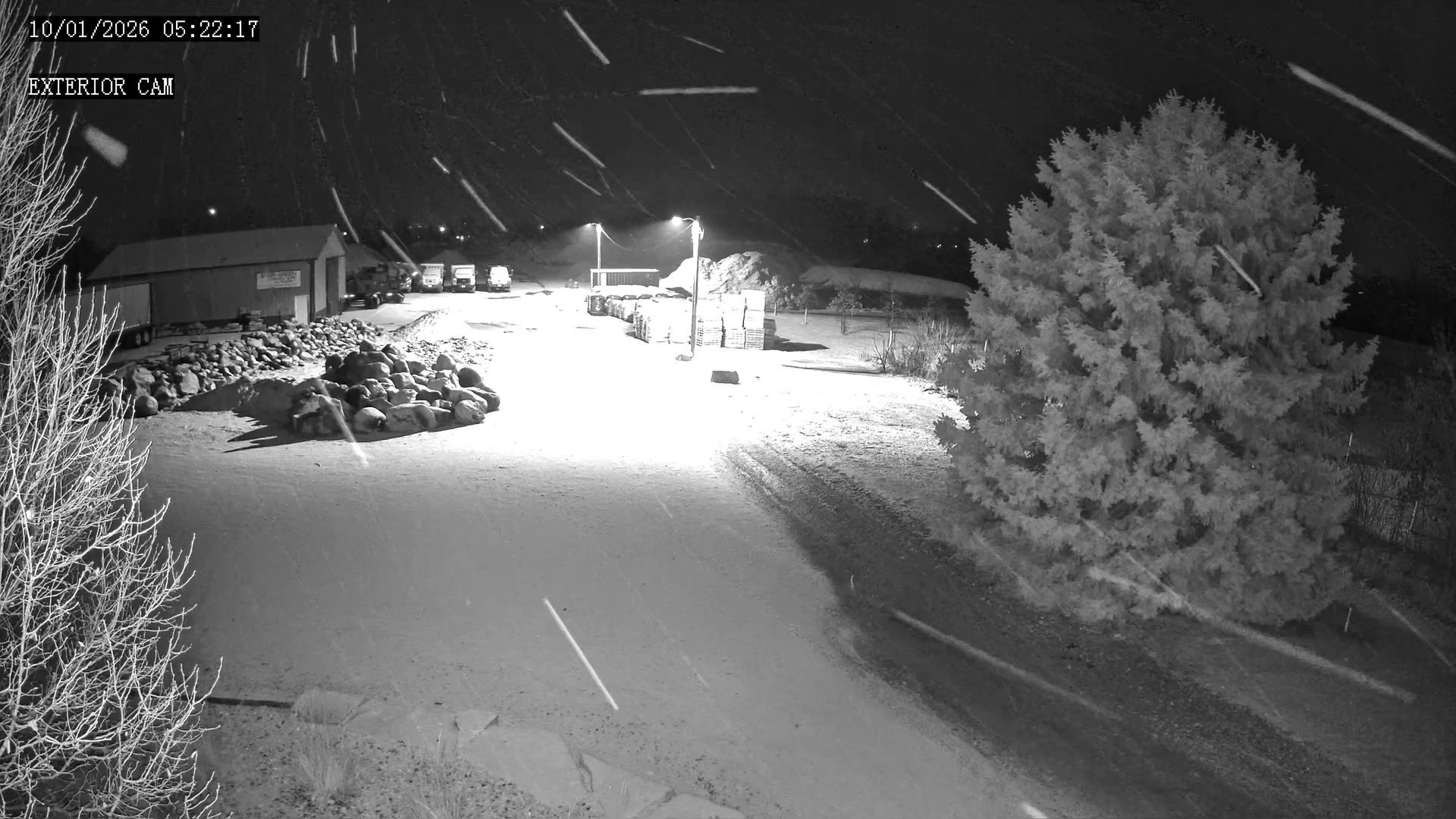 Nighttime scene with falling snow; snow-covered road and structures; illuminated by streetlights.