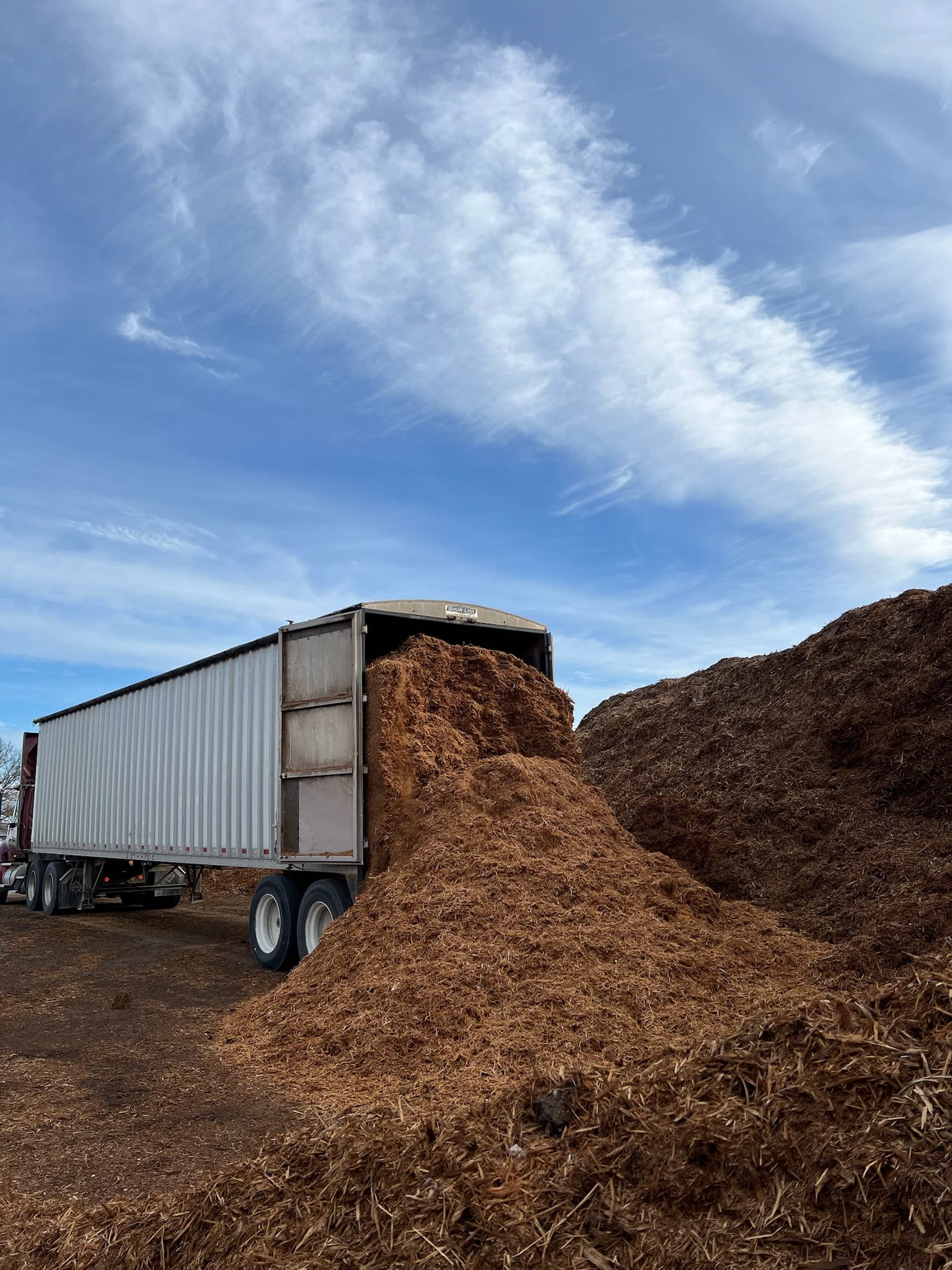 Truck unloading wood chips onto a large pile, under a partly cloudy blue sky.
