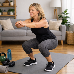 A woman in workout clothes is doing a squat on a mat in a living room.