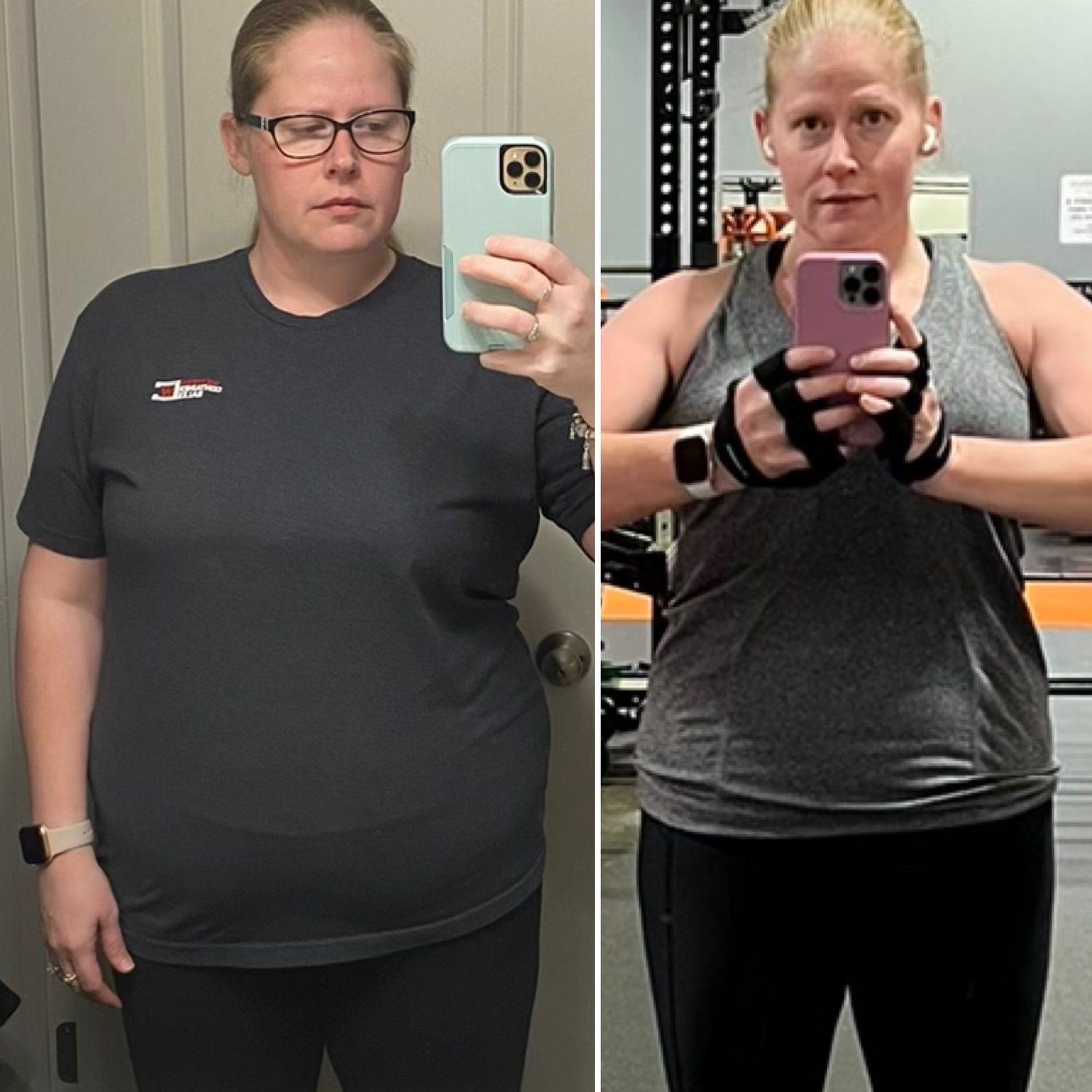 A woman taking a picture of herself before and after losing weight