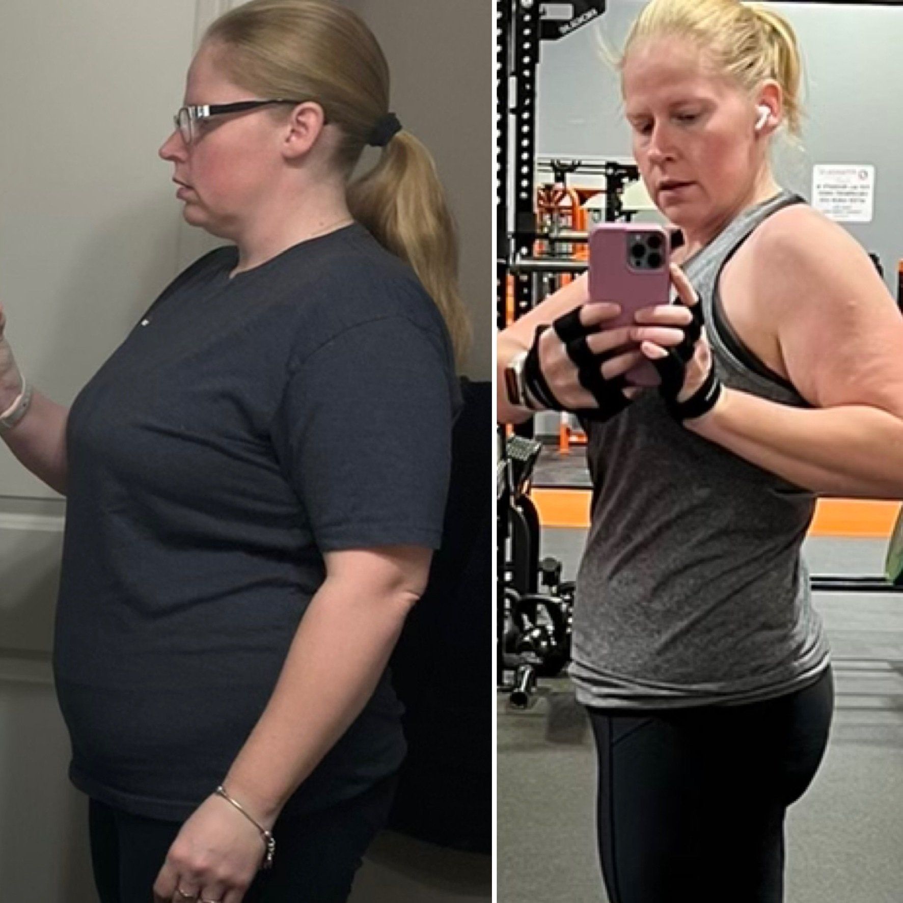 A woman taking a picture of herself before and after losing weight