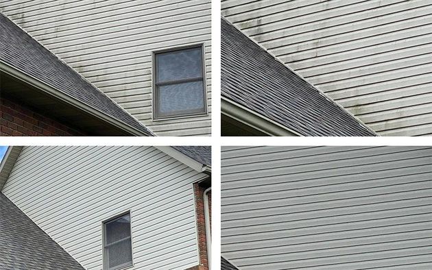 Four views of a house exterior showing gray siding and a small window near the roofline.
