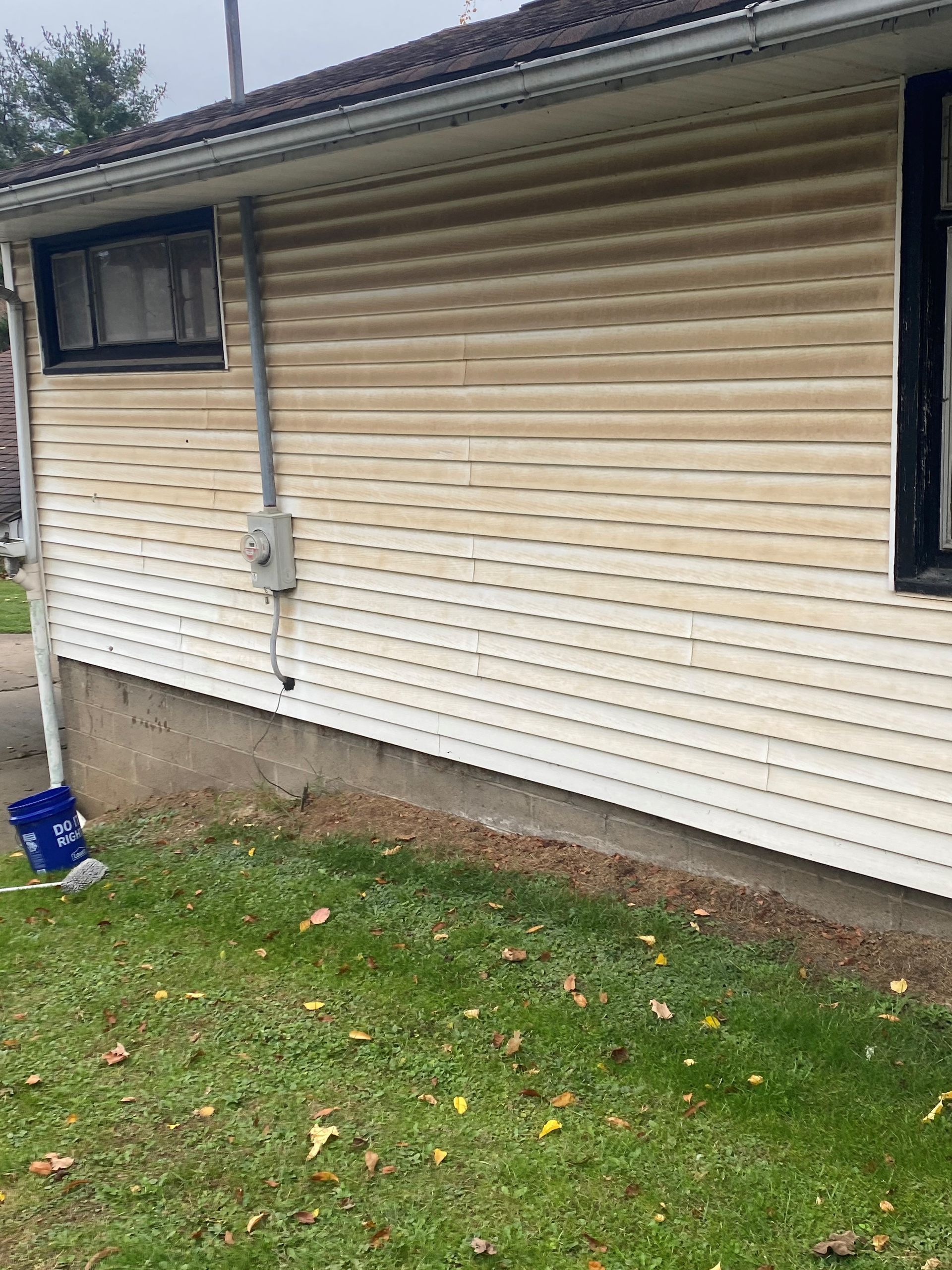 Exterior wall of a house with beige siding, two windows, a downspout, and a blue bucket on the grass