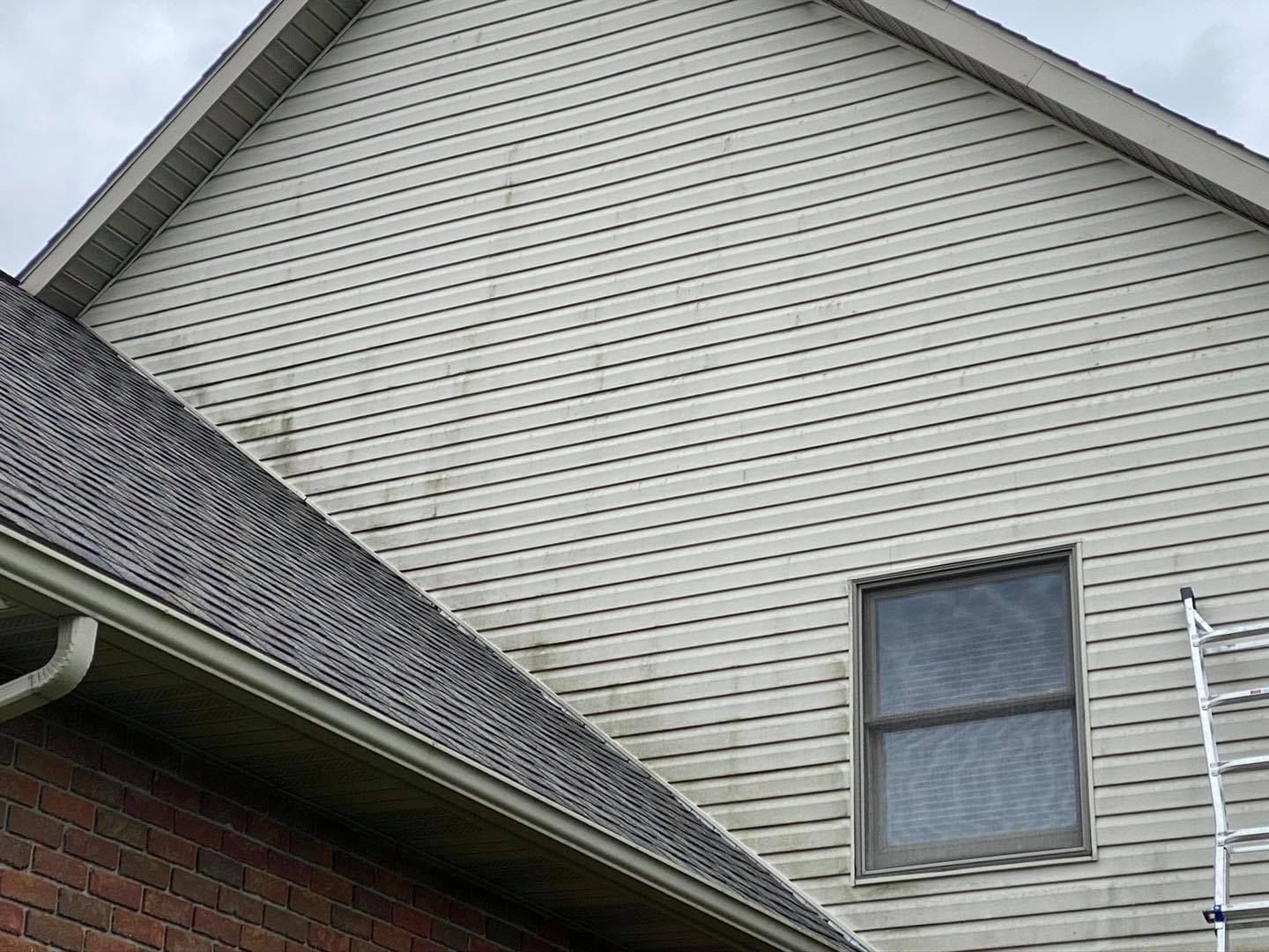 Exterior of a house with beige siding, brick wall, sloped roof, window, and ladder on the right