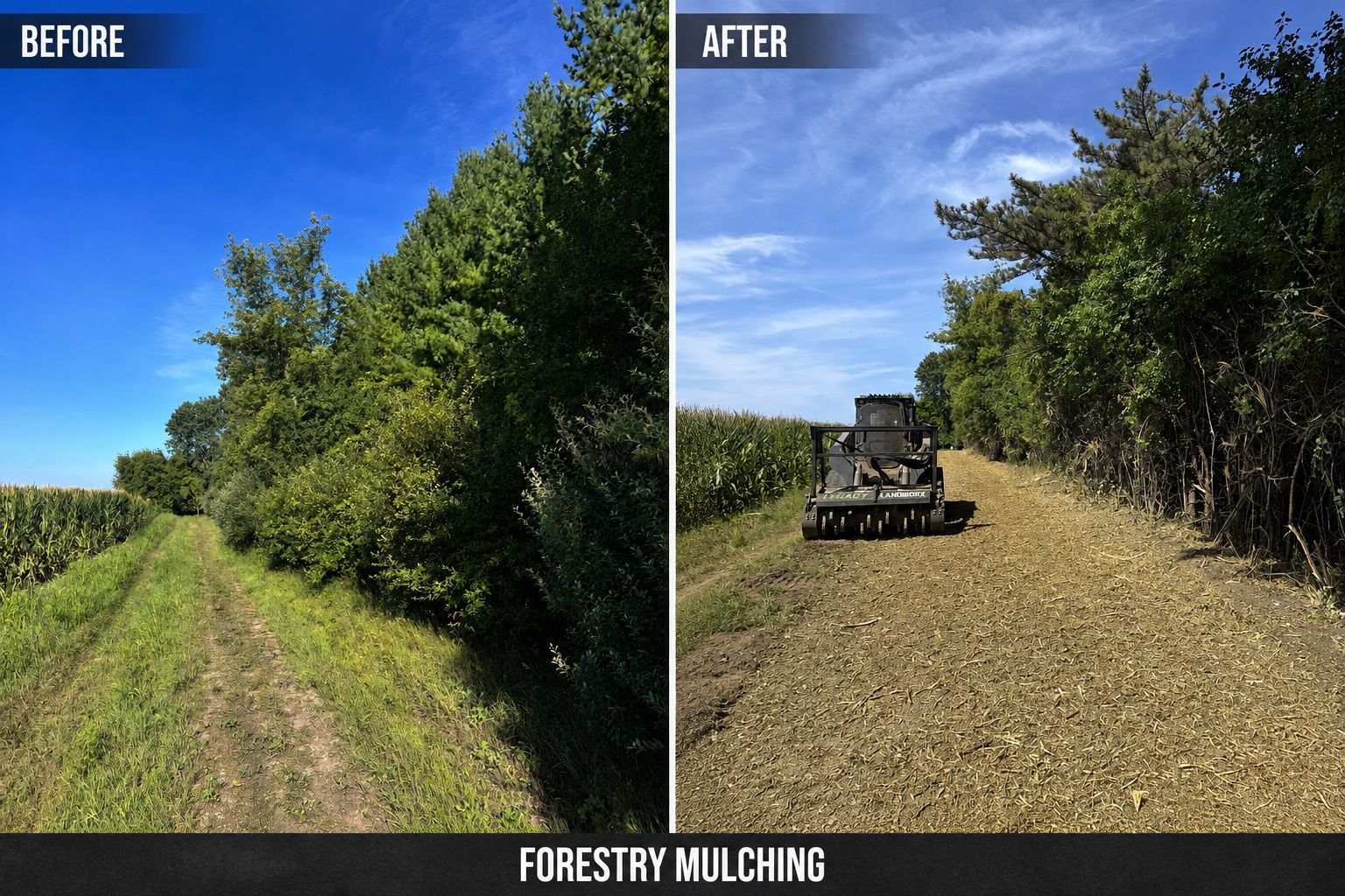 Before-and-after forestry mulching: brushy field cleared with a tractor under a blue sky.