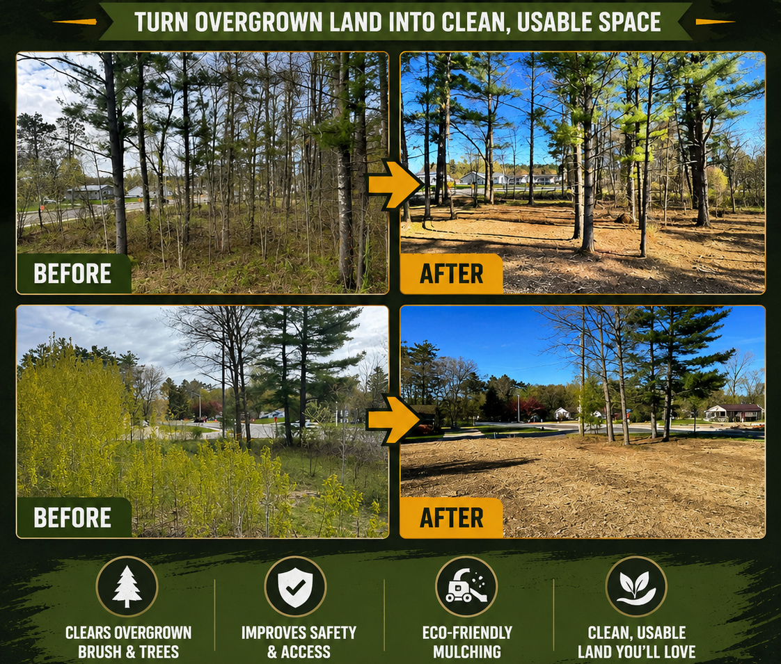 Before-and-after landscaping: overgrown lots cleared into open, clean grassy spaces under blue sky.