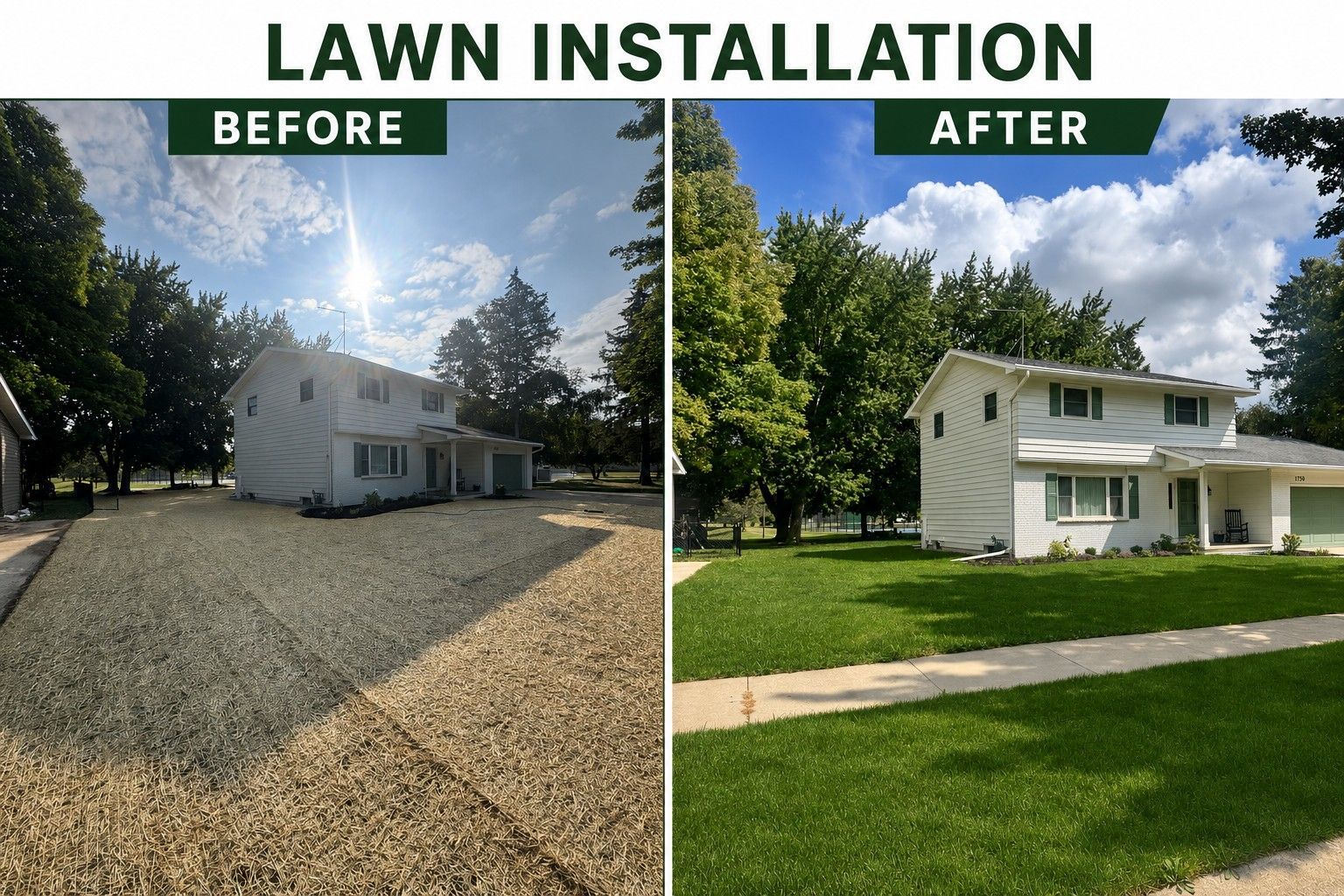 Before-and-after lawn installation showing a gravel yard transformed into a lush green lawn beside a white house.